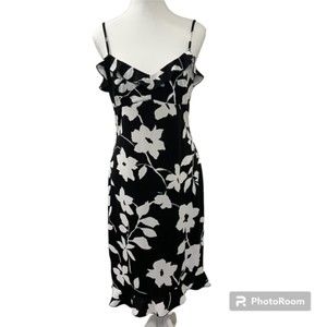 Next Up Womens Black & White Floral Print Spaghetti Strap Ruffle Dress Size Lg